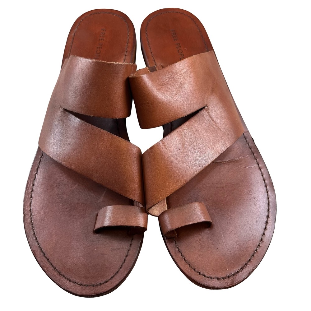 Free People Womens Sandals Tan Leather Toe Loop Slide Boho Minimalist 38.5